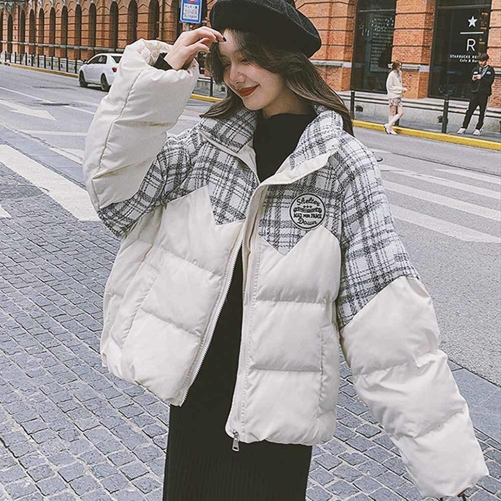 Buy Korean Winter New Stand Collar Plaid Stitched Short Puffer