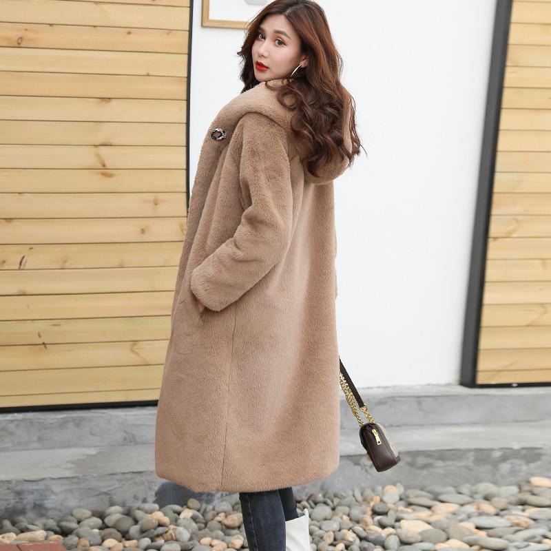 Imitation Rex Rabbit Hair Imitation Fur Jacket Women's Autumn and Winter Imitation Mink Hair Coat Medium and Long Thickened Large Size Hooded