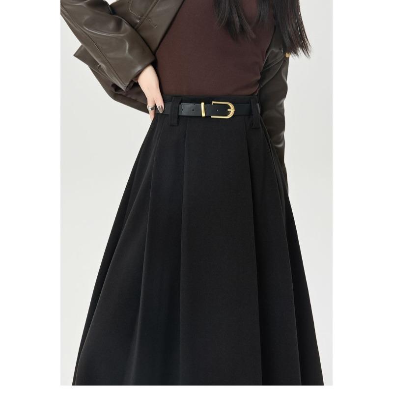 Winter Autumn High Waist Wool Pleated Skirt Women A Line Midi Skirt Solid Color Flared Skirt Slimming Long Skirt