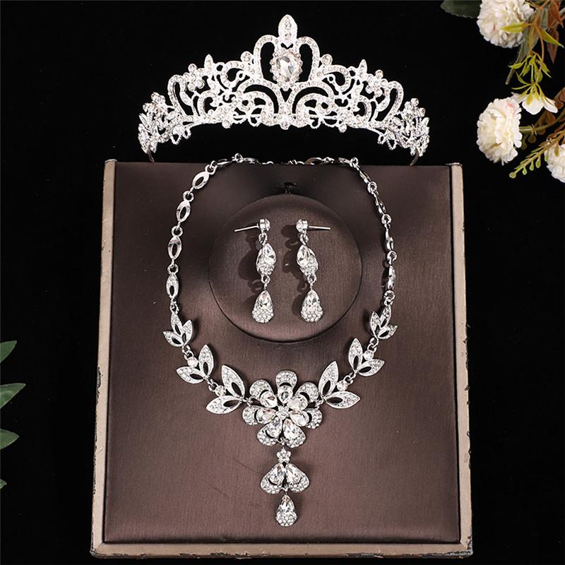European & American Bridal Jewelry Set: Elegant Water Drop Earrings, Necklace, & Crown