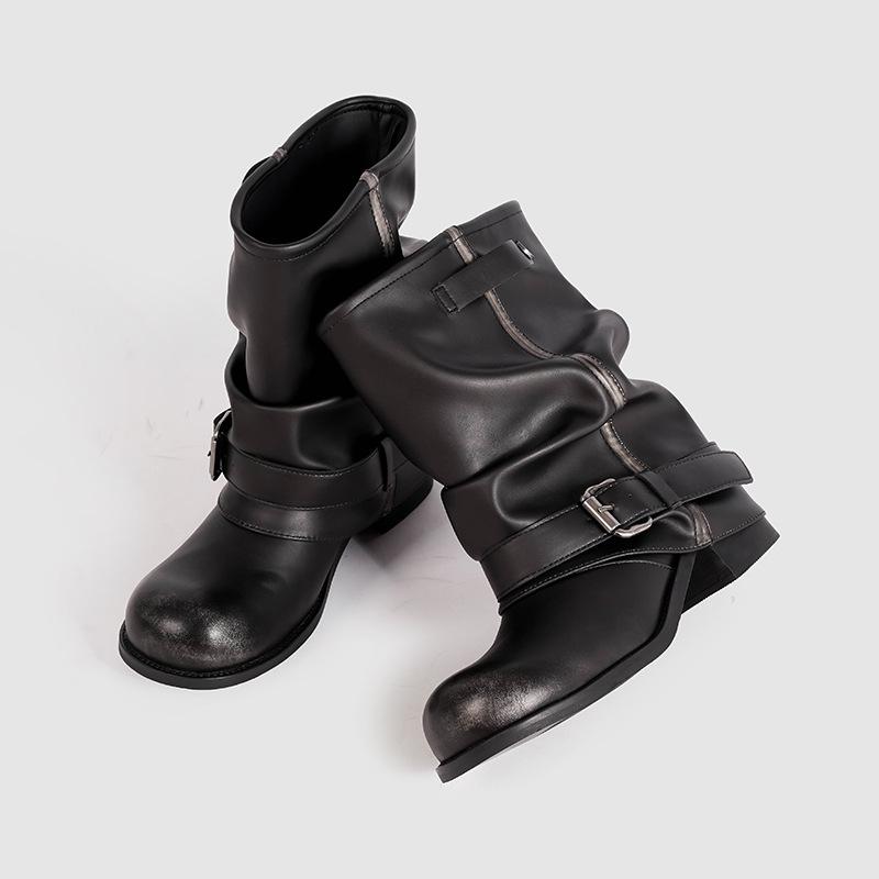 Autumn New Western Cowboy Boots Women's Pleated Pile Martin Boots Brown Retro Fashion Thick Heel Pants Boots