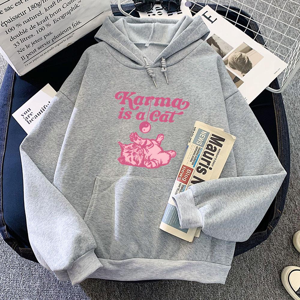 Karma Is A Cat Hoodie Cartoon Print Harajuku Kawaii Sweatshirt With Hooded Comfortable Cute Clothes Moletom Comic Soft