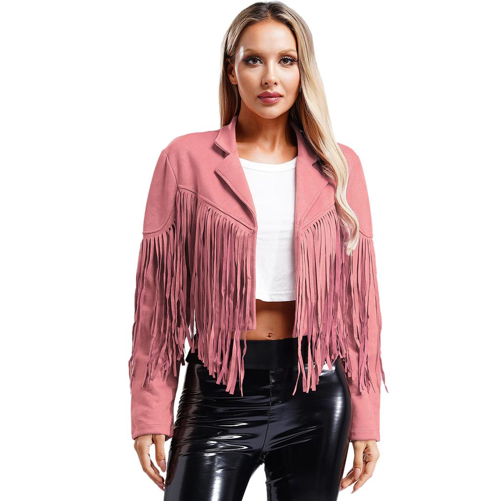 Womens Stylish Fringe Faux Suede Cropped Jackets Lapel Long Sleeve Cardigan