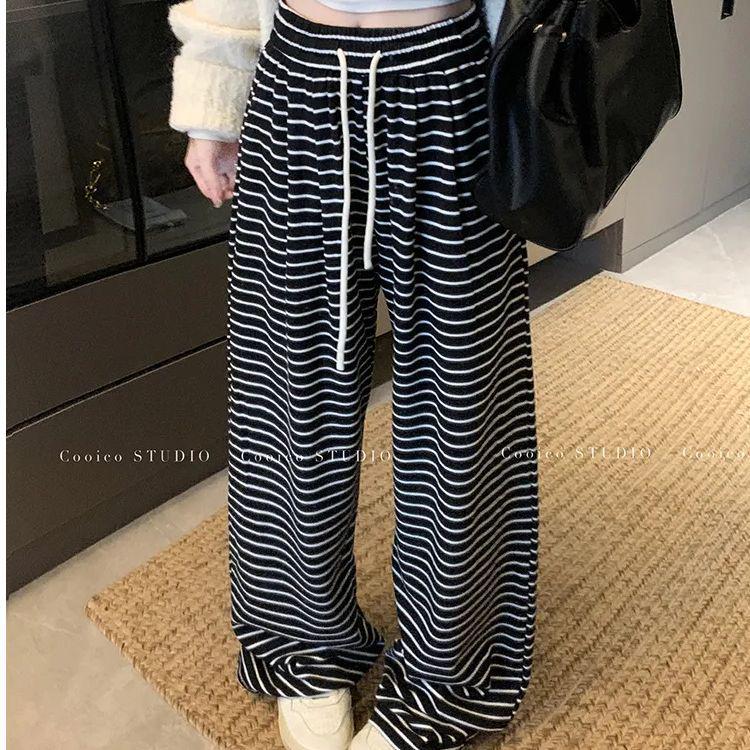 

Spring Autumn Soft Striped Black & White Casual Wide-Leg Pants XXXL