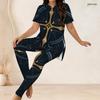 Women Plus Size Two Piece Set Round Neck Short Sleeve Eagle Printed Longline Top And Fitted Pants
