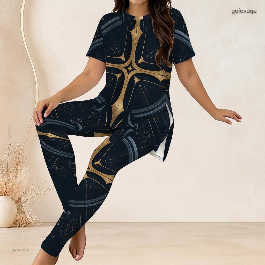 Women Plus Size Two Piece Set Round Neck Short Sleeve Eagle Printed Longline Top And Fitted Pants
