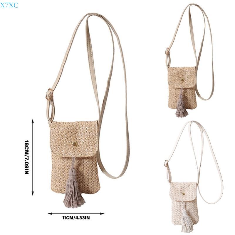 X7XC Vintage Crossbody Phone Bag for Women Fashionable Beach Vacation Woven Straw Small Shoulder Purse Wallet with Tassels