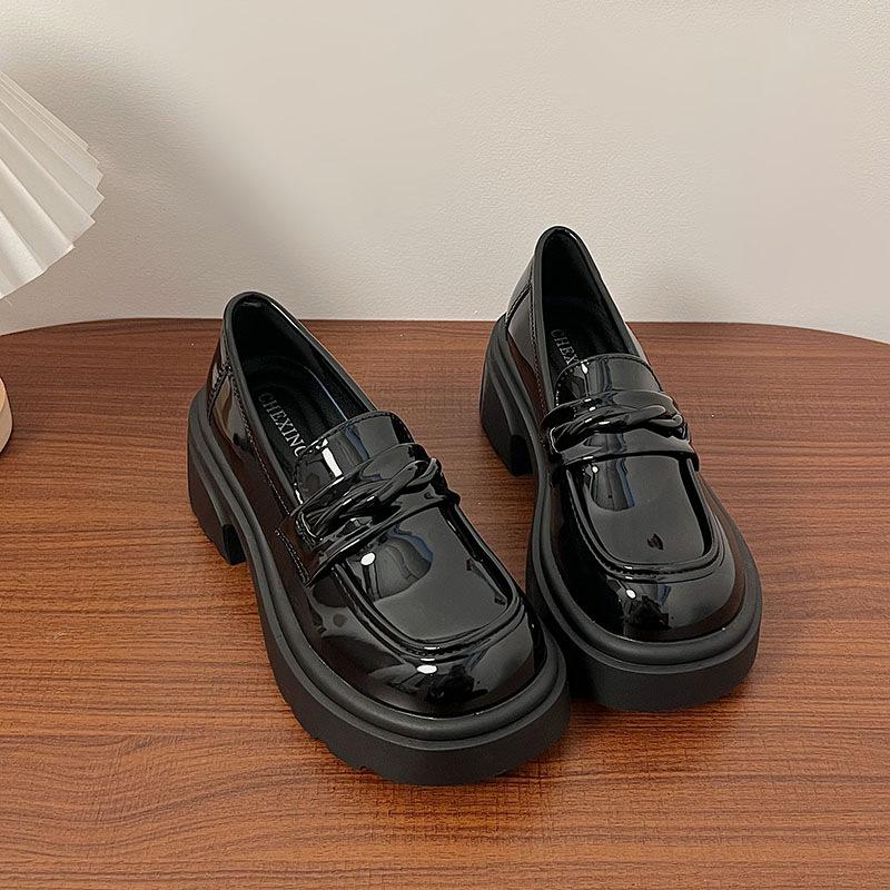 French thick heel British style small leather shoes women's 2025 new autumn one-pedal round head single shoes black jk loafers