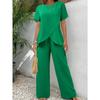 Women Casual Loose Irregular Round Neck Short Sleeve Two Piece Long Pants Set