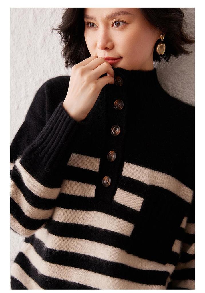 Lekasha Cashmere Striped Knit Sweater - Versatile, Skin-Friendly, Loose Fit for Autumn/Winter