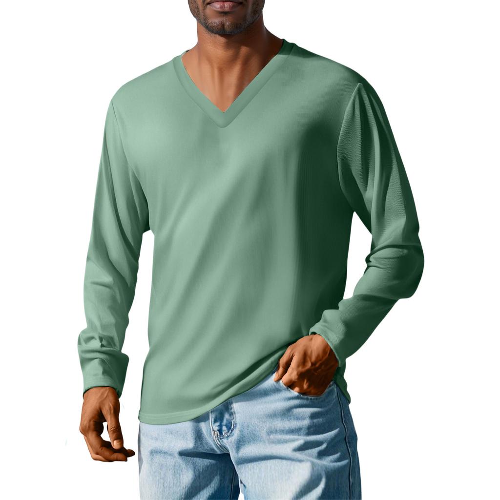 Men'S V-Neck Loose Casual Long Sleeved Shirt Fashionable Top