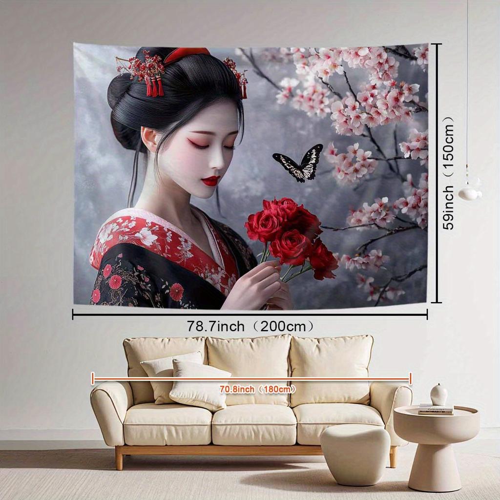 Geisha Woman Cherry Blossom Tapestry Japanese Kimono Art Butterfly Wall Hanging Eastern Decor Living Room Fabric Print