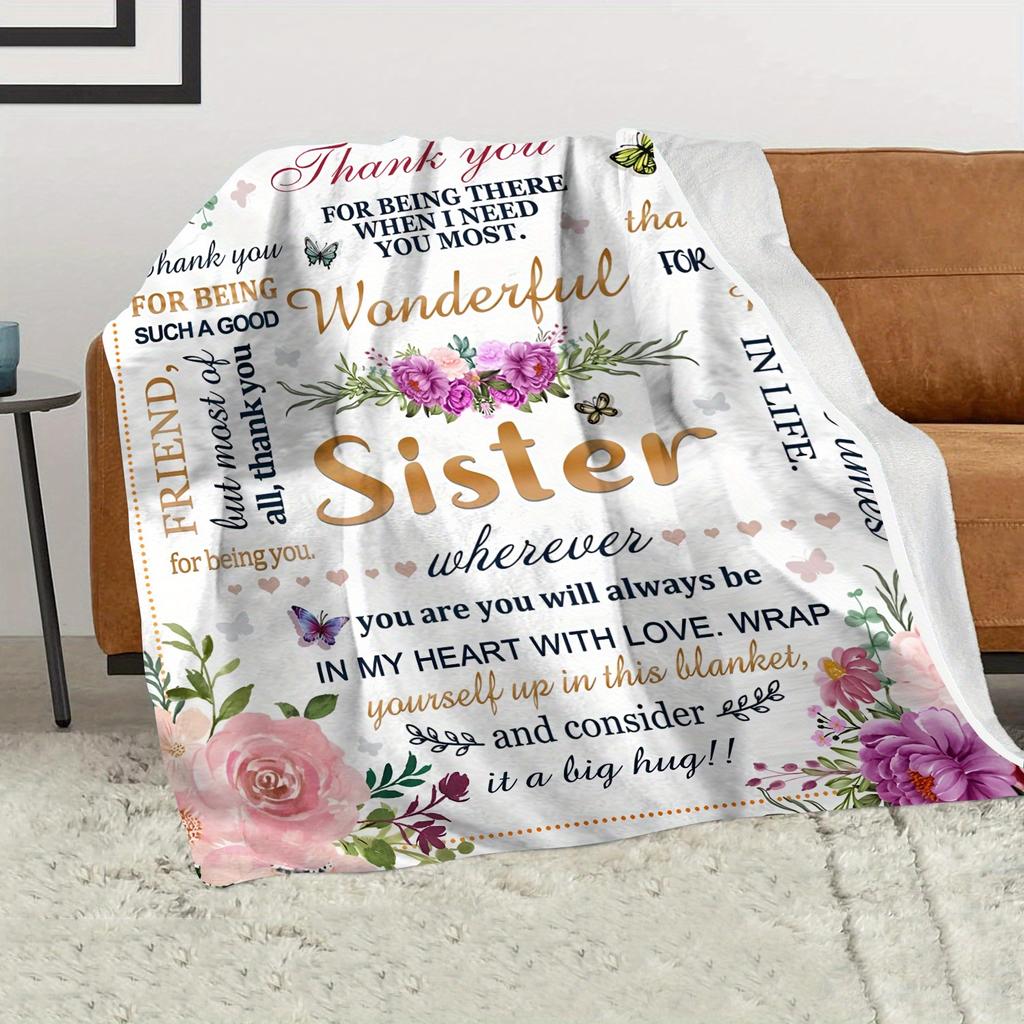Luxurious Floral Fleece Throw Blanket for Sister - Soft, Warm Polyester with Heartfelt Message | Ideal for Couch, Bed, Office