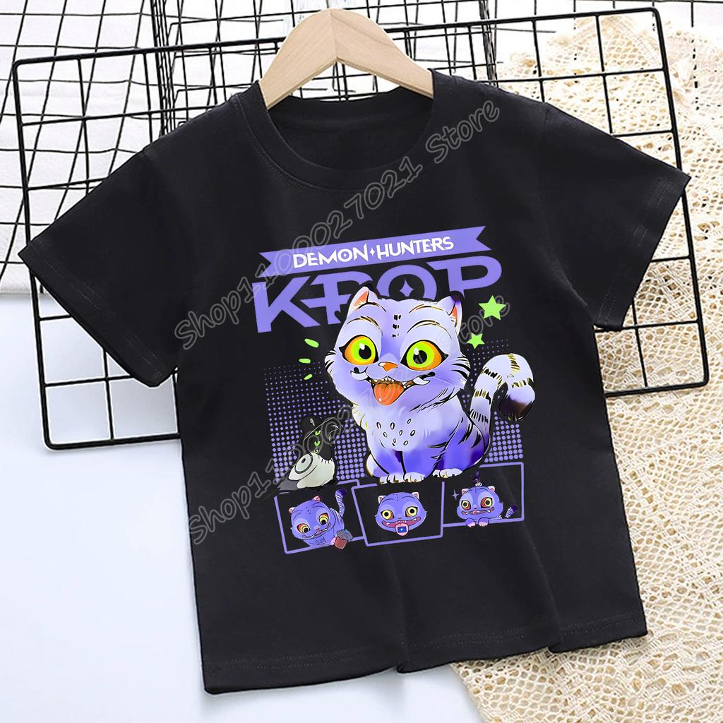 KPOP Demon Hunters T-shirt for Children Cartoon Black Tee Top Girls Round Collar Short Sleeve Clothes Kids Summer Clothing Gift