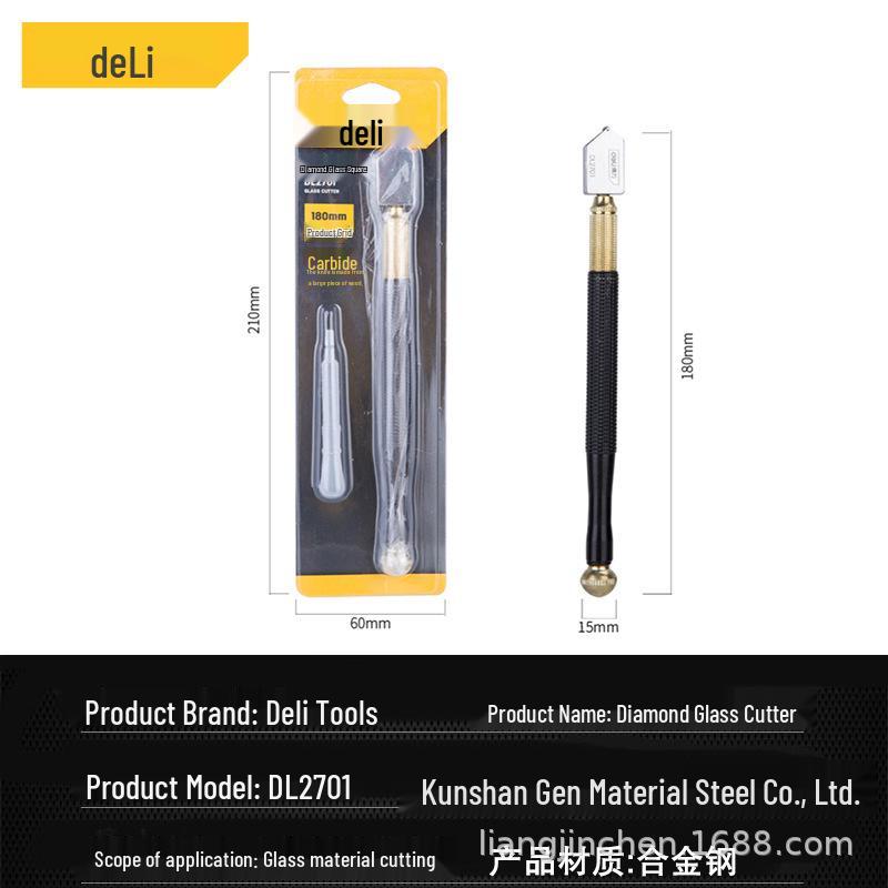 Deli Tools DL2701 Diamond Glass Cutter - Roller Type, Push-Pull Rotary Knife for Thick Glass and Tiles
