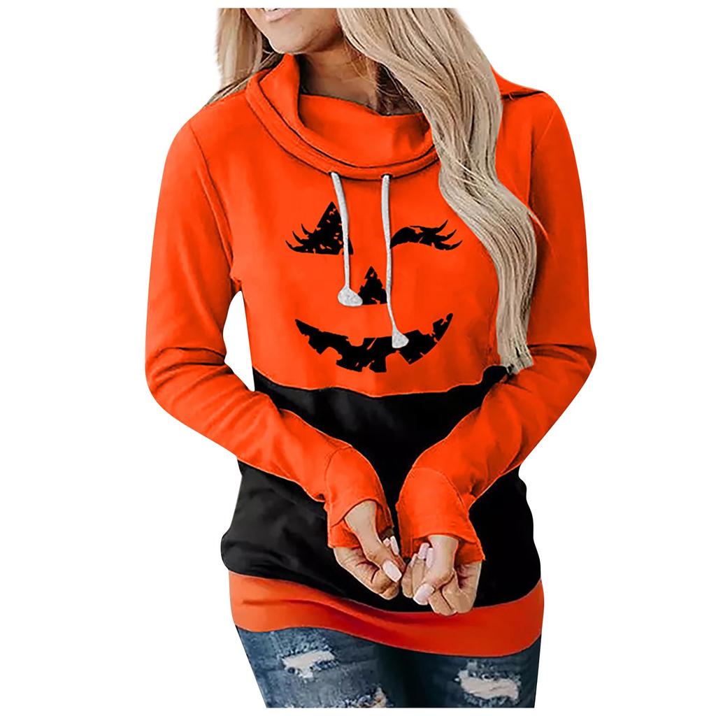 Women Halloween Horror Print Party Long Sleeve Pullover Hooded Sweatshirt