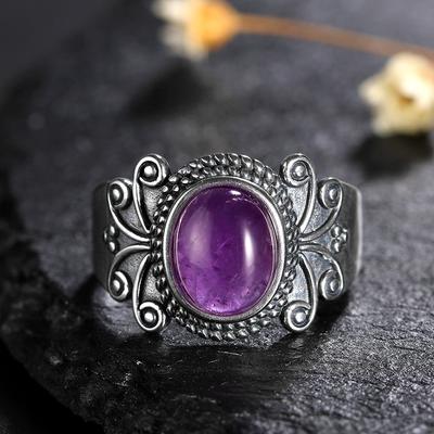 Antike Silberringe, ovale Amethyst-Ringe für Frauen, Silberschmuck für Party, Hochzeit, Geburtstag, Geschenk