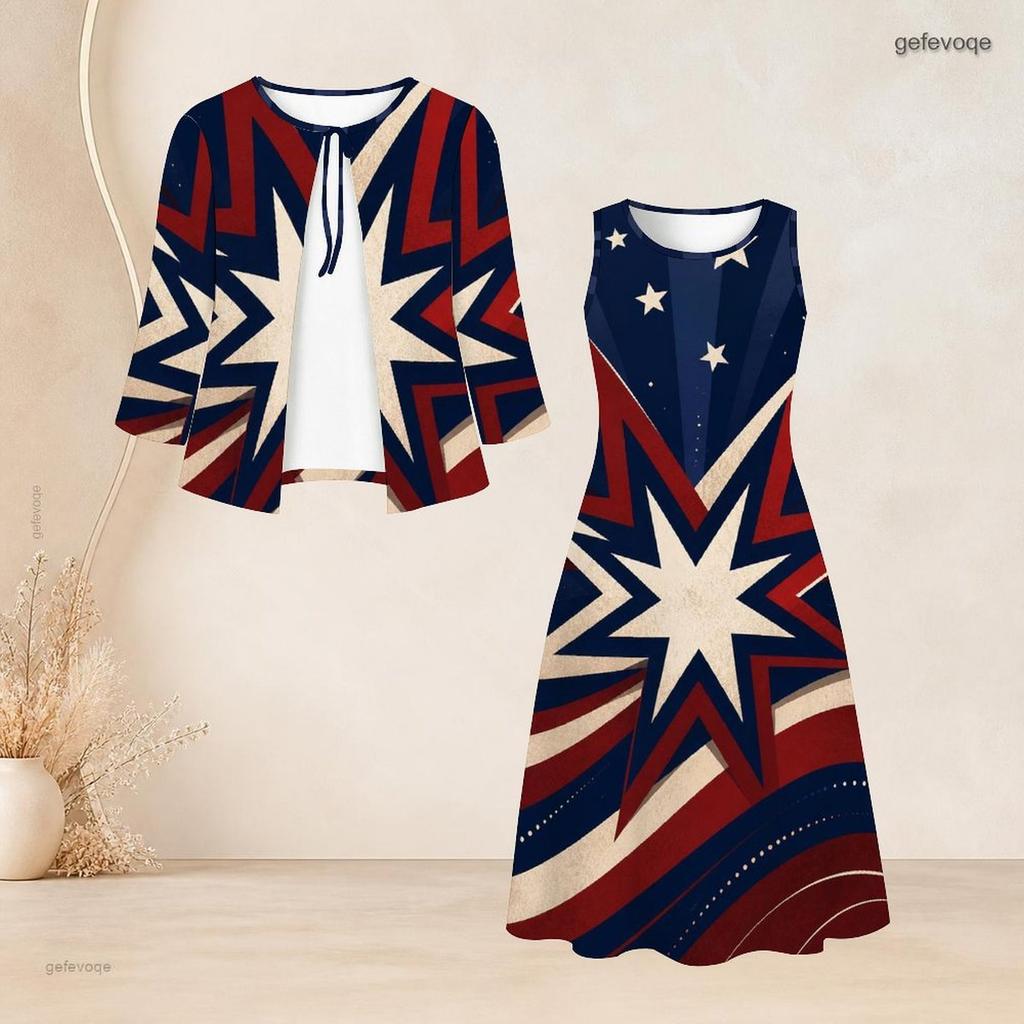 Women Plus Size Two Piece Outfit Three Quarter Sleeve Cardigan Sleeveless Star Stripe Printed White Long Dress