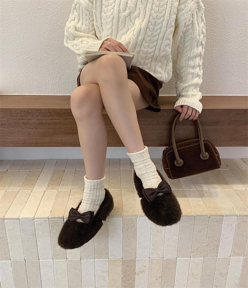 2025 autumn and winter new double bow fluffy shoes velvet cotton shoes wear flat shoes one pedal