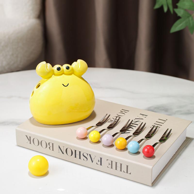 Crab Fruit Fork Set With Ceramic Holder - Stainless Steel Dessert Forks & Cute Storage Jar Kit