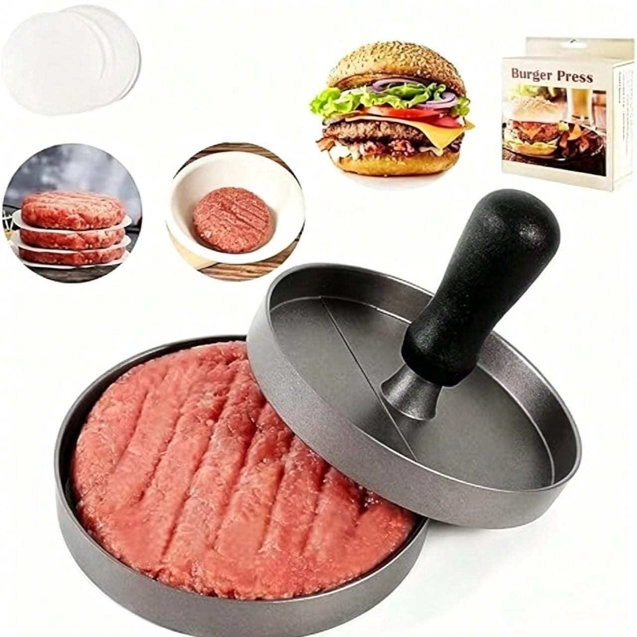 Hamburger meat press with aluminum wooden handle, manual burger meat maker, kitchen burger meat press machine, aluminum