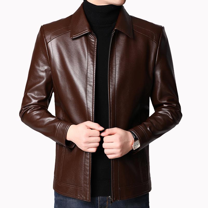 Leather leather jacket men's middle-aged spring and autumn Haining leather jacket men's velvet thick sheep jacket in the elderly
