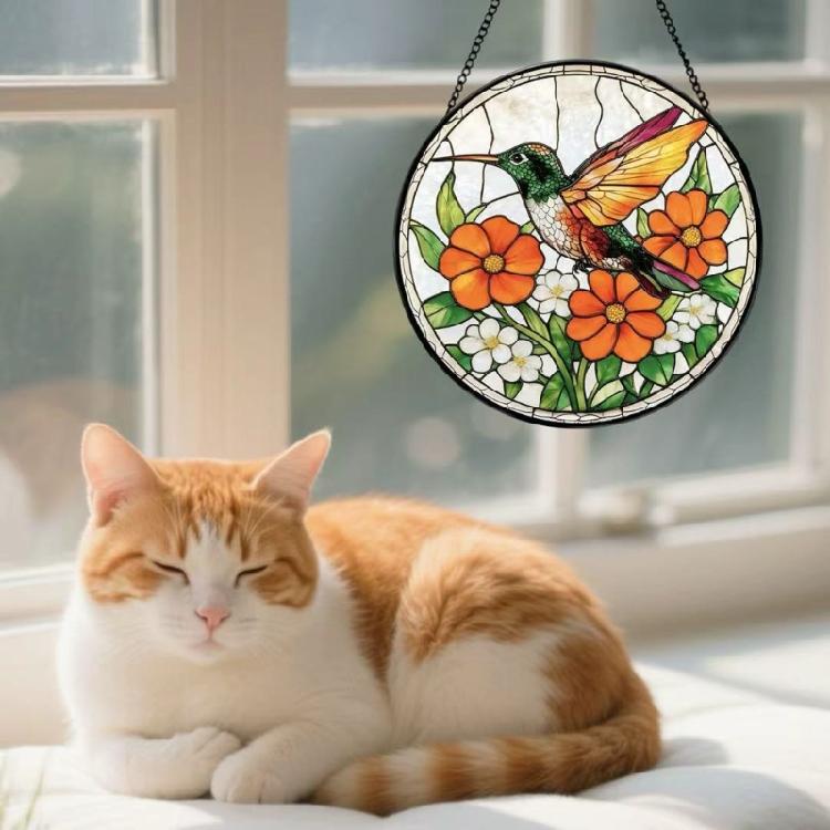 Flower Bird Patterned Stained Glass Sunlight Catcher Garden Decoration With Hanging Chain For Window Door Wall Display