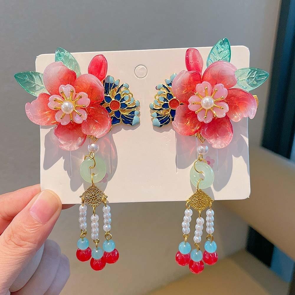 1 Pair Double Clip Hanfu Hair Clips Vibrant Color Floral Tassel Pearl Bunny Hair Clips Secure Grip Delicate Craft Fairy Hairpins