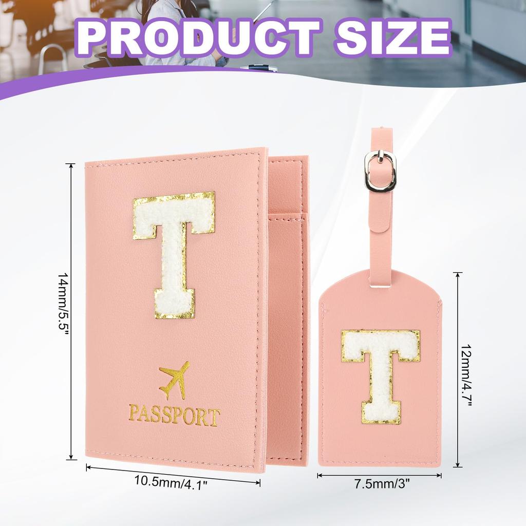 Travel Passport Luggage Tag Set with Initial Passport Cover and Alphabet Chenille Letter Travel Wallet Bag Suitcase Identifier for Women and Family