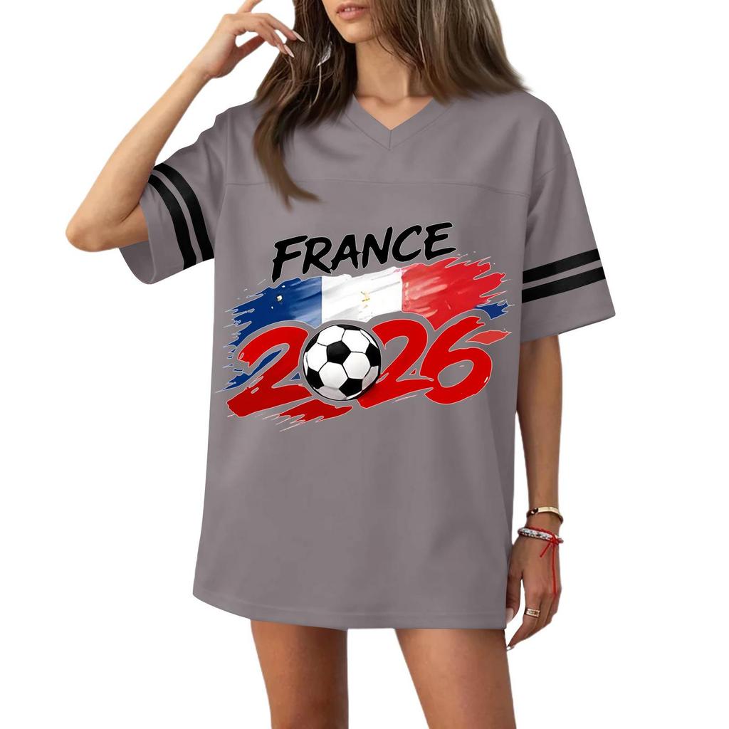 Women V Neck Casual Short Sleeve Sports T Shirt 2026 France Flag Print Loose Fit Football Jersey Top for Everyday Wear