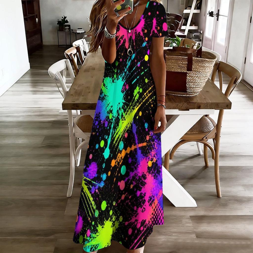 Women Plus Size V Neck Short Sleeve Black Golden Printed Straight Maxi Dress