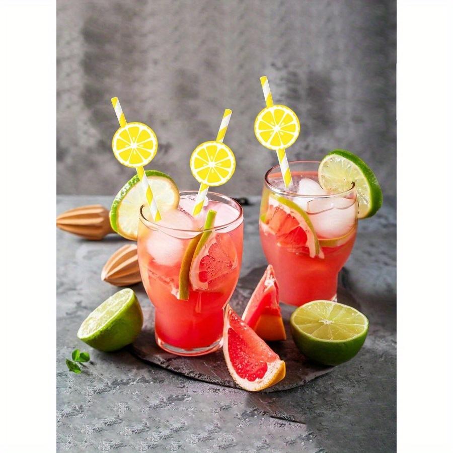 Lemon Paper Straws Disposable Cocktail Straws for Drinks Striped Straws, Individually Wrapped Plastic Straw with Lemon Shape