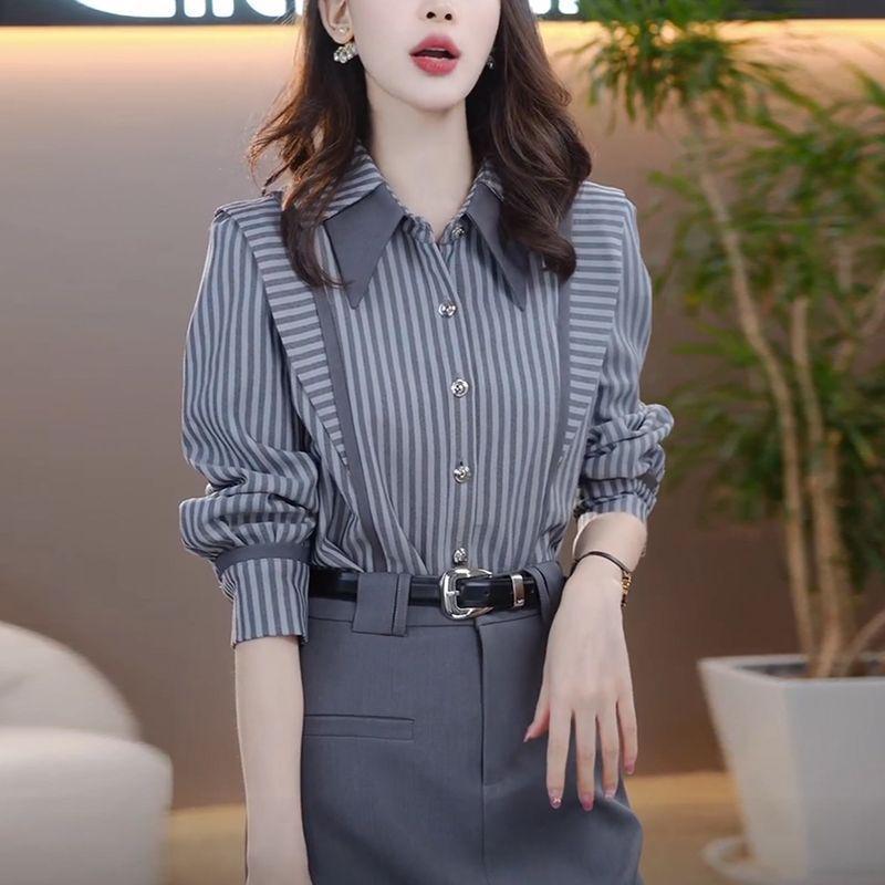 Elegant Age-Defying Striped Long-Sleeve Shirt for Women - Versatile Slimming Top for Spring & Autumn