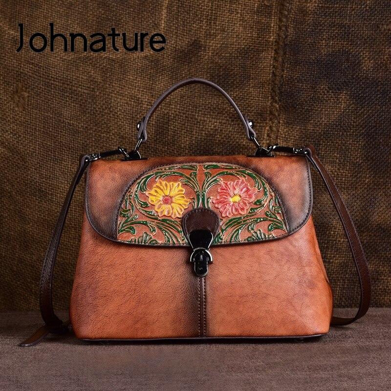 Johnature Жіноча сумка з натуральної шкіри ручної роботи в стилі ретро Розкішна сумочка для відпочинку Сумки через плече та через плече з натуральної шкіри