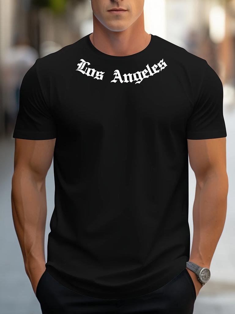 New Men's Summer Loose Size 100% cotton Los Angeles Print slim-fit casual sports crew neck short sleeve T-shirt top