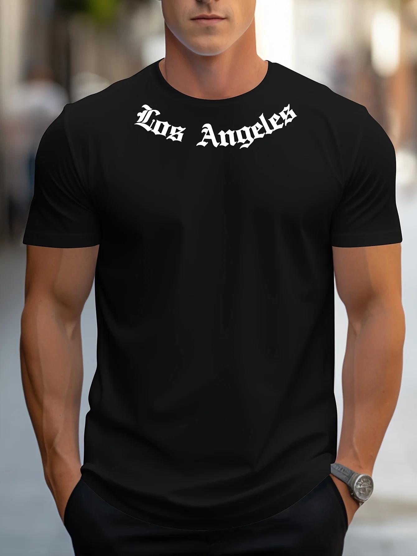 

New Men s Summer Loose Size 100% cotton Los Angeles Print slim-fit casual sports crew neck short sleeve T-shirt top 3XL