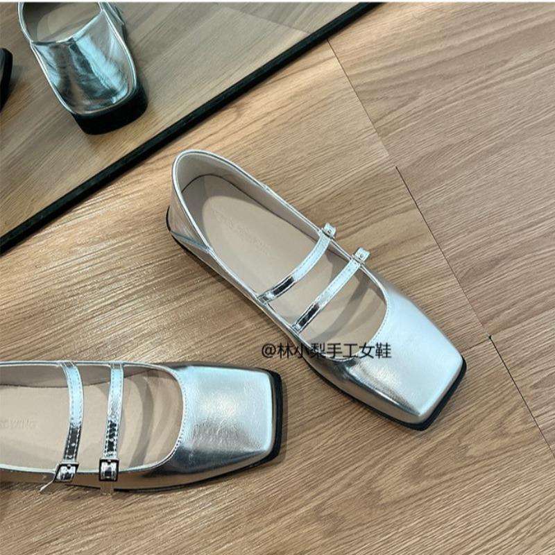 Leather Cross-Buckle Light Mouth Flat Shoes Women's Retro Silver Ballet Shoes Mary Jane Shoes