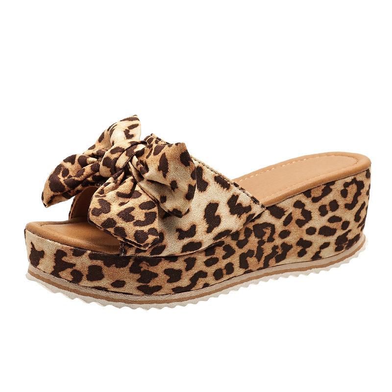 European and American Foreign Trade Large Size Bow Thick-soled Slippers Female Leopard Print Cloth Surface One-character Slope Heel Cool Slippers Fema
