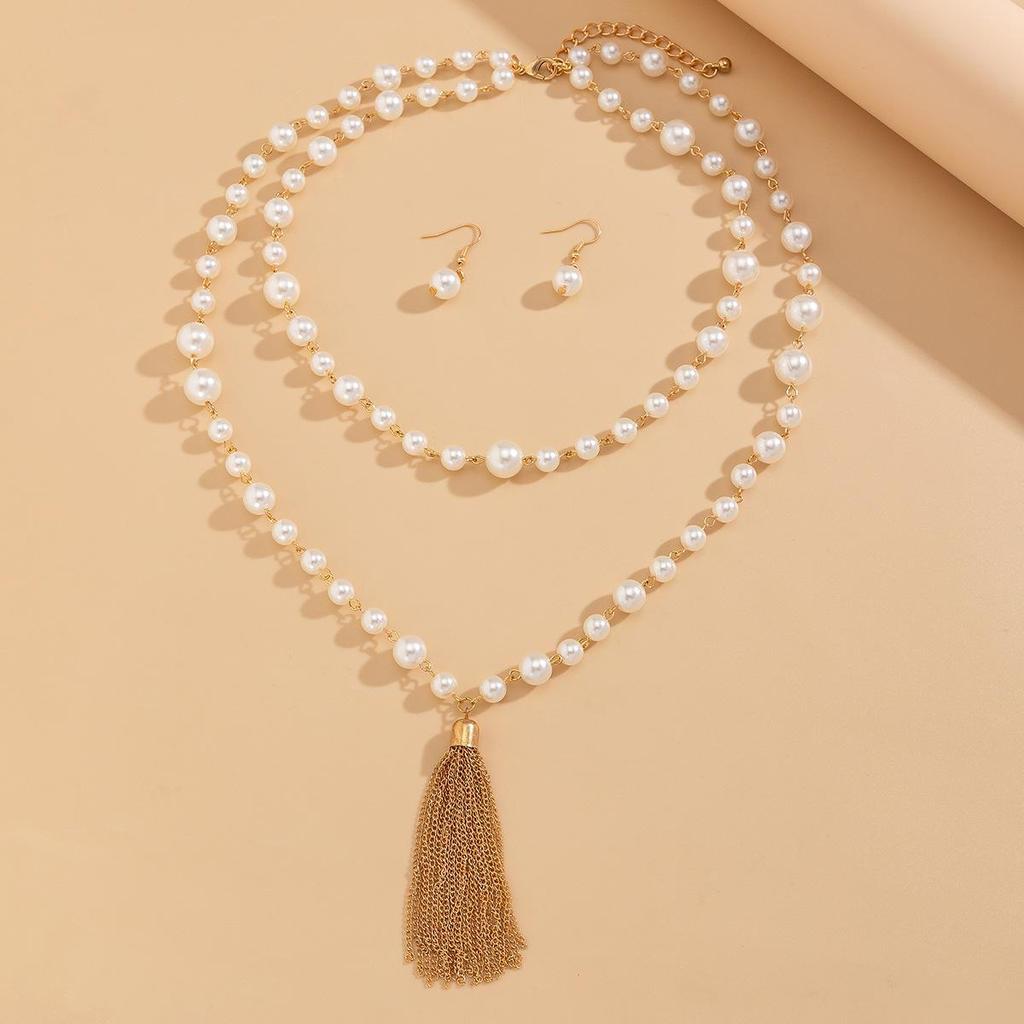 European-American Cold Style Pearl Beaded Tassel Necklace Set