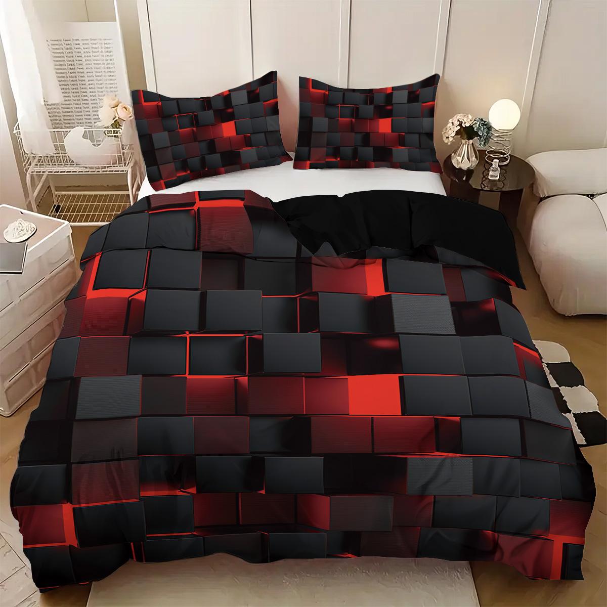 

3pc bed set with black and red plaid print, including bed sheets and two pillowcases, suitable for bedroom rooms 135x200cm-EU-Single