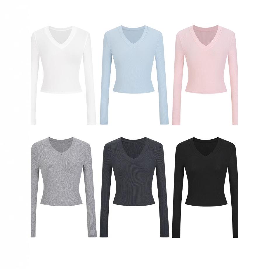 Spice Girl V-Neck Front Shoulder Long Sleeve T-Shirt Women's Spring and Autumn Slim-Fit Bottom Shirt Short Versatile Waist Top