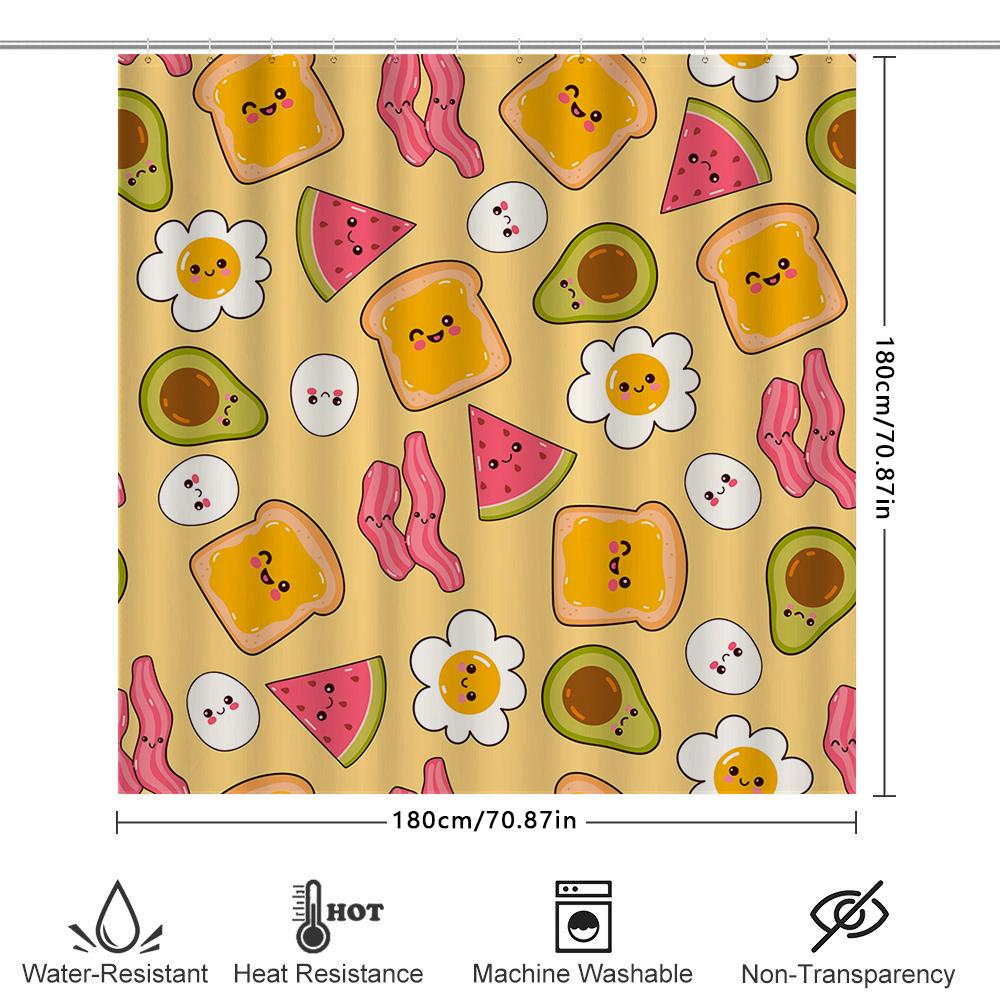 Kawaii Breakfast Shower Curtain with Avocado Toast Design for Bathroom Decor Yellow White Pattern Free Shipping