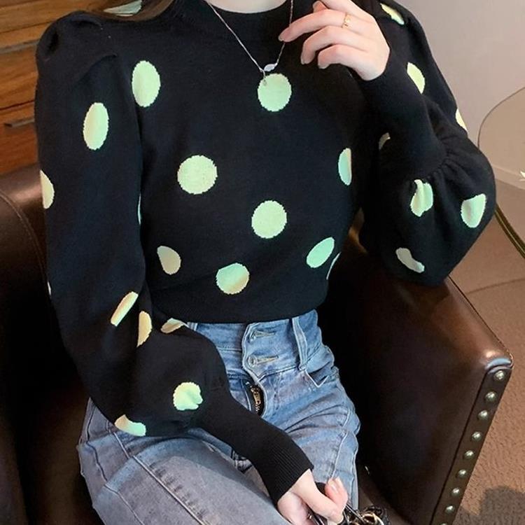 Autumn Polka Dot Puff Sleeve Knit Sweater - Slim, Versatile, Round Neck Style