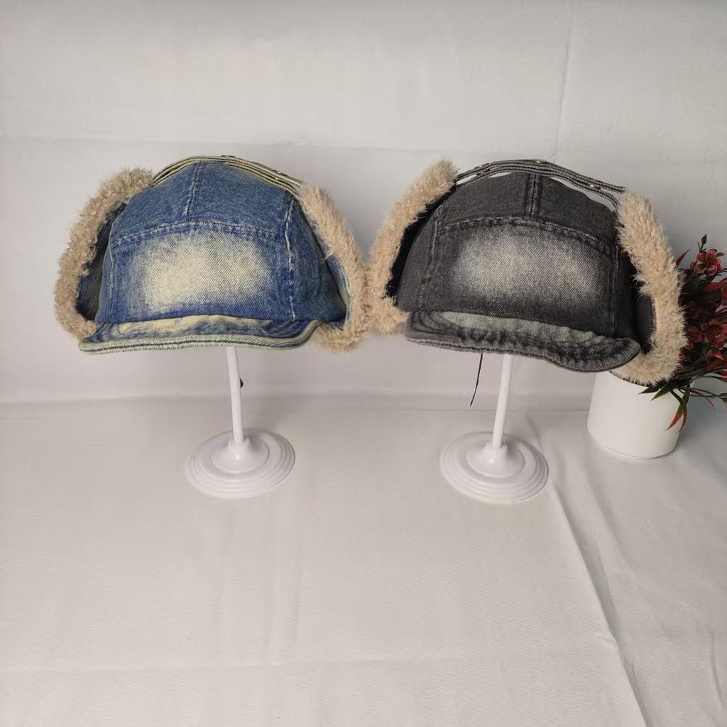 Schwere Industrie gewaschener Denim rauchgrau weicher Schirm Lei Feng Mütze Winter verdickt Lammwolle modisch nordöstlicher Gehörschutz