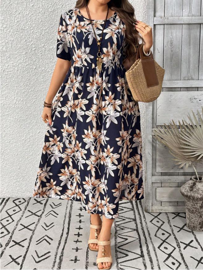 Elegant Plus Size Summer Dress - Women's Round Neck Print Short Sleeve Fashion 2026