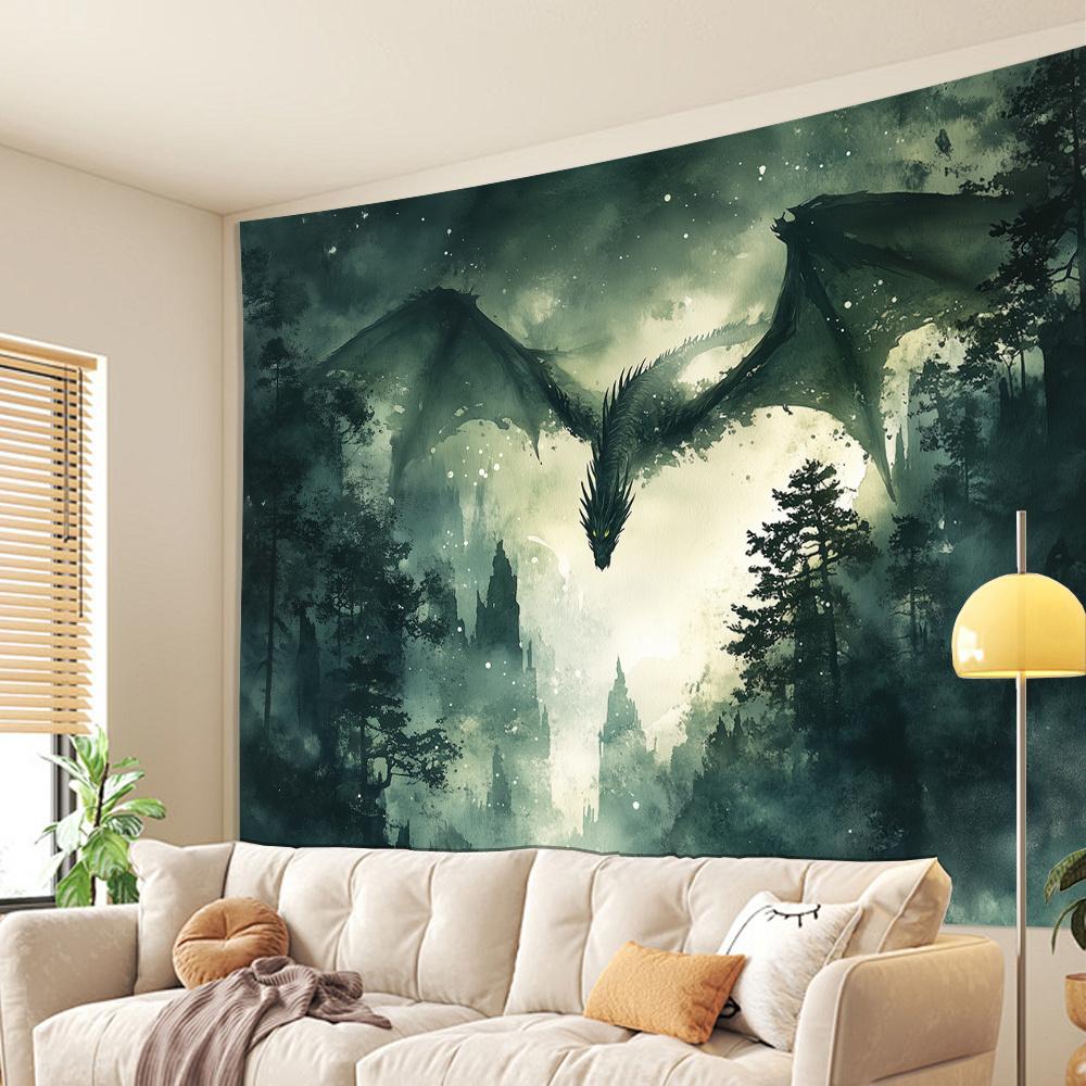 Dragon Tapestry, Majestic Dragon Flying Over Misty Forest, Fantasy Mythology Wall Art for Living Room Bedroom Decor