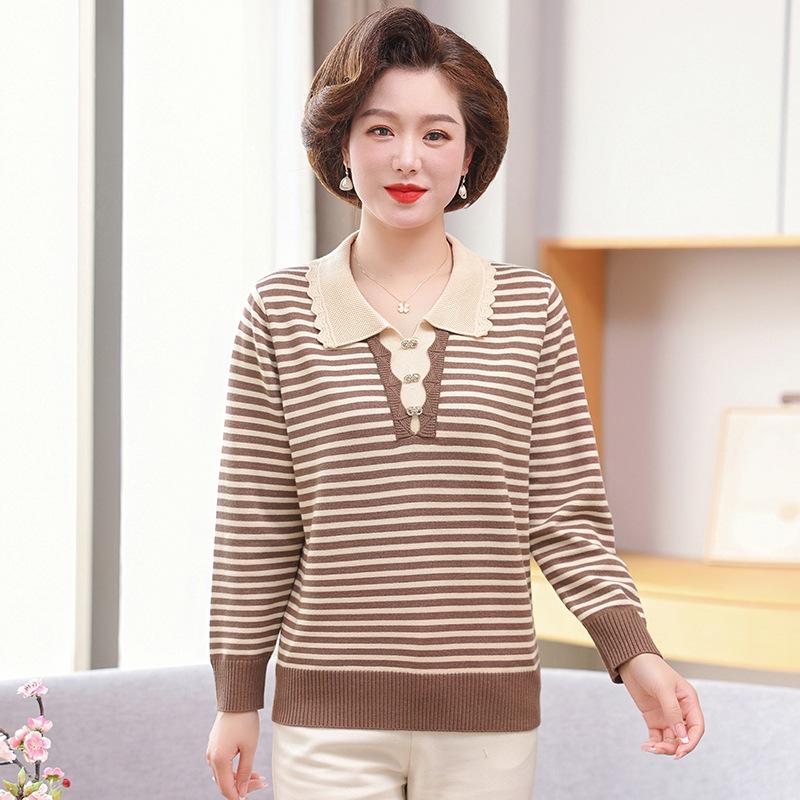 Módní pruhovaný pletený svetr pro ženy středního a staršího věku s klopovým límcem, jaro/podzim 2025