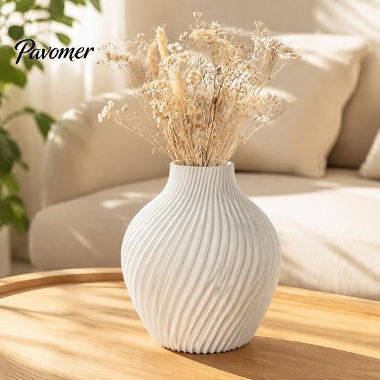 Narrow Neck Vase Modern Spiral Ribbed Vase, 3D Printed Dried Flower Matte White Decorative for Living Room Shelf Table Centerpiece Artistic