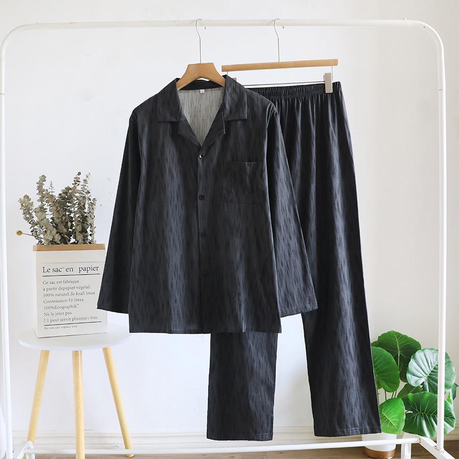 Men's Loose-Fit Pure Cotton Pajama Set: Long Sleeve Cardigan & Pants for Spring/Autumn