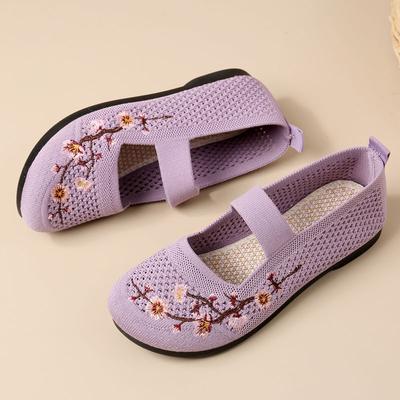 New Purple Knit Loafer Women's Ethnic Embroidered Elastic Band Casual Shoes Soft Walking Mary Janes Flats Woman Mom Travel Shoes